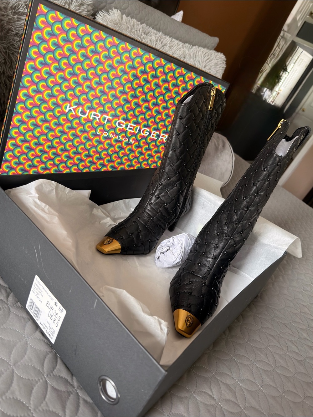 Kurt Geiger Full Leather Quilted Pointed Toe Booties with Gold Caps - Black - Picture 8 of 10